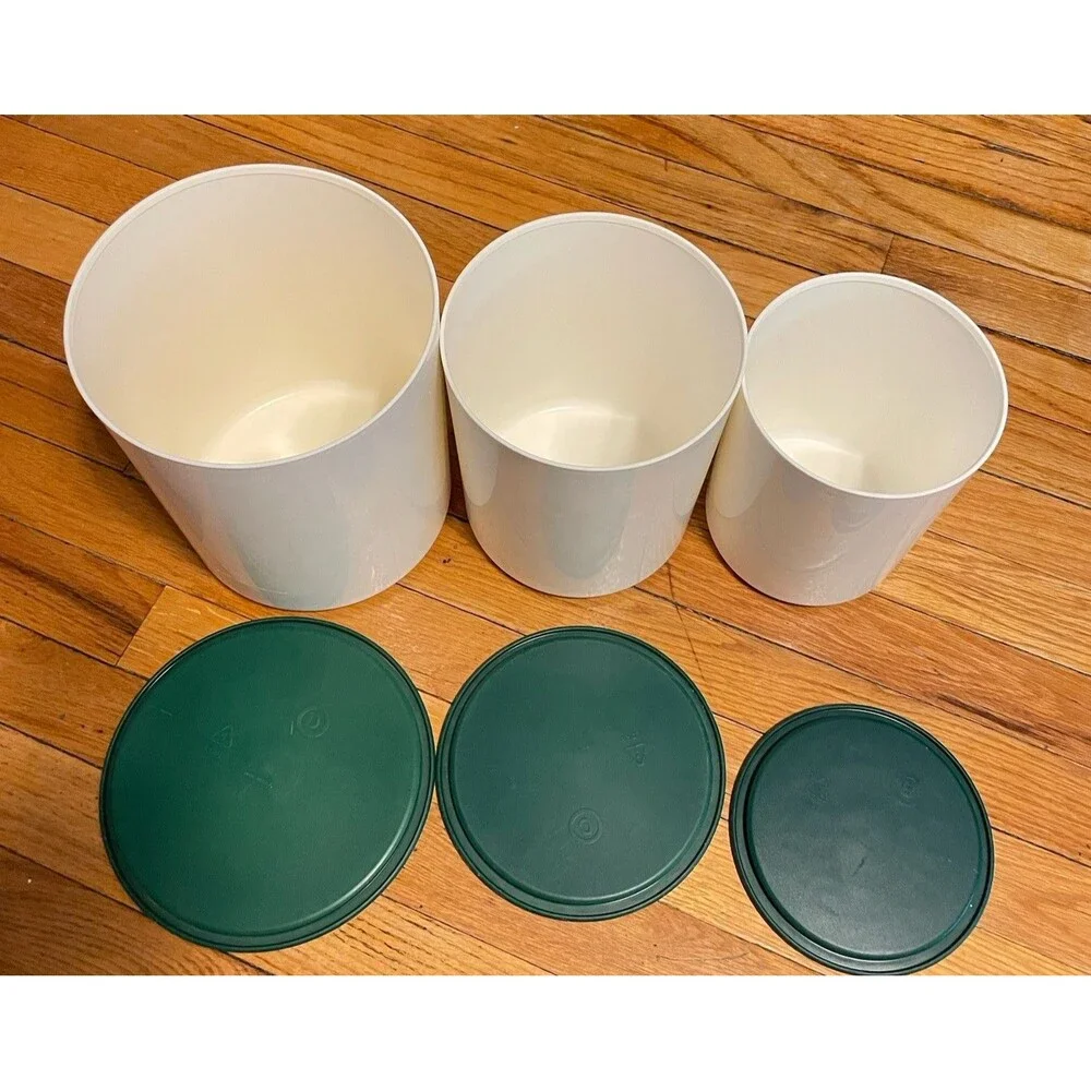 Vintage Tupperware Canister Set of 3 Forest Green Lids White Bases Made in USA